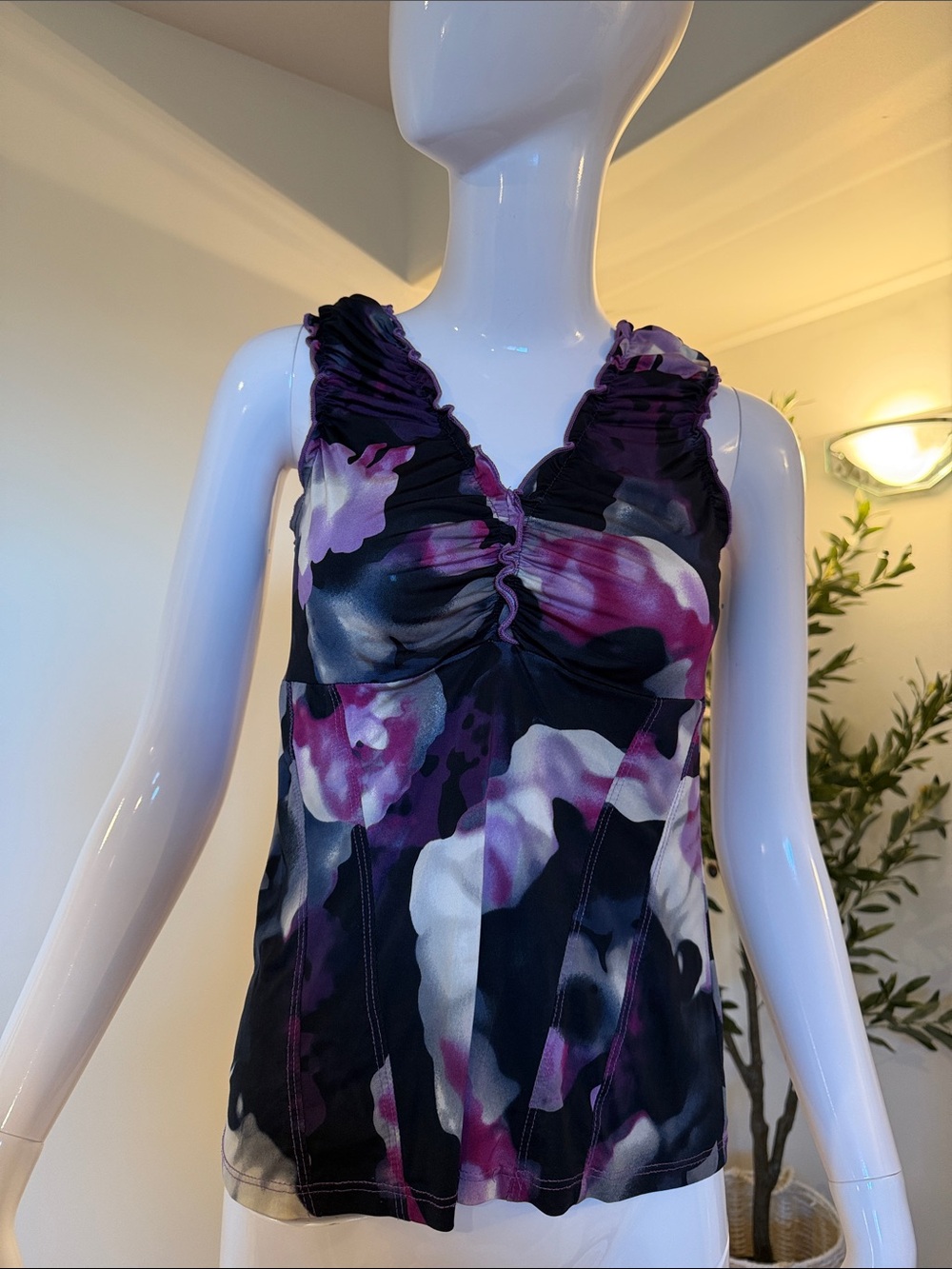Bellina Floral Ruched Mesh Tank Top Purple M Made in Canada